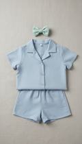 Powder Blue Linen Set with Mint Bow Clip