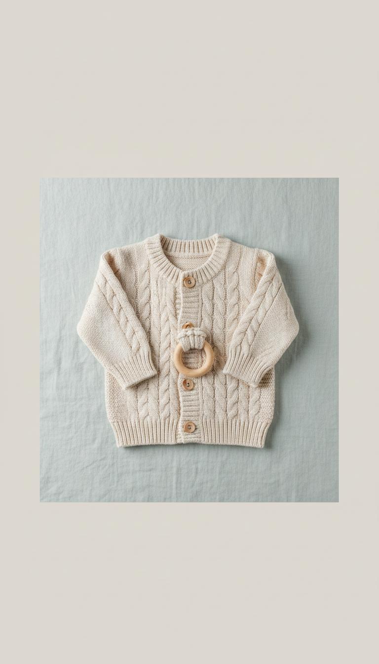 Sunlit Cream Knit Cardigan with Wooden Teether