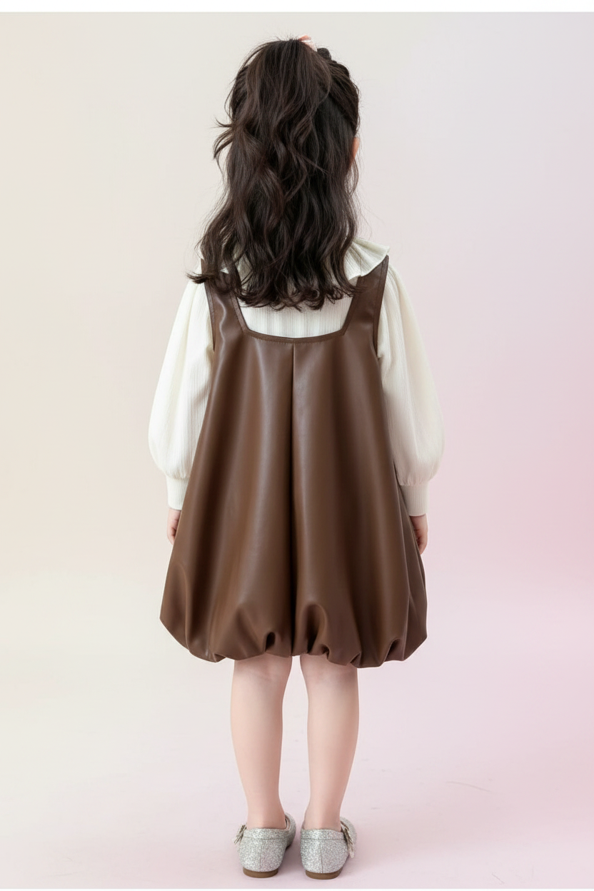 Back View - Brown Leather Bubble Dress H8913