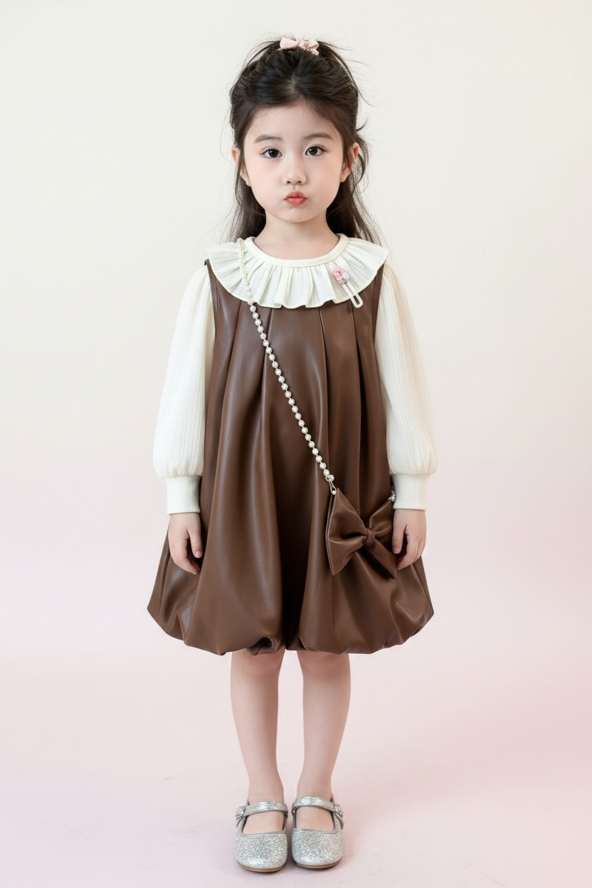 Front View - Brown Leather Bubble Dress H8913