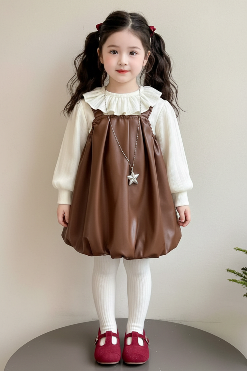 H8915 Girls Brown Leather Bubble Dress - Front View with Star Necklace