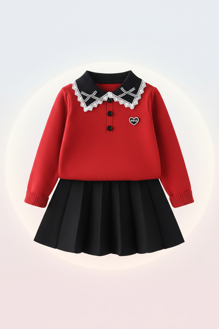 Girls Lace Collar Knit Set – Red Flat Lay