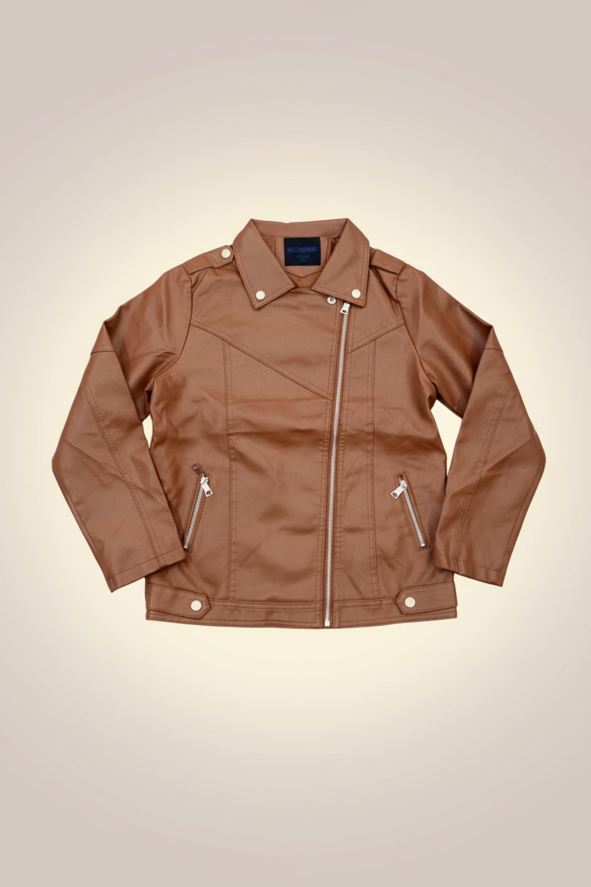 Caramel Brown Teen Biker Jacket - Flat Lay