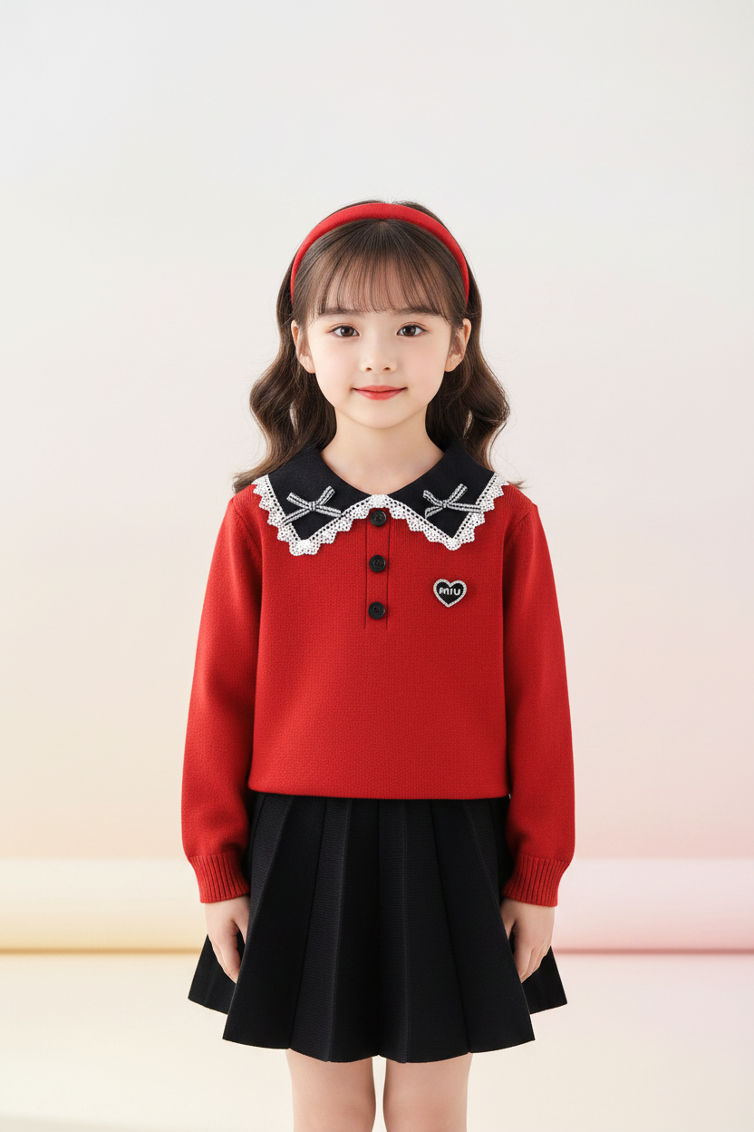 Girls Lace Collar Knit Set – Red Front View