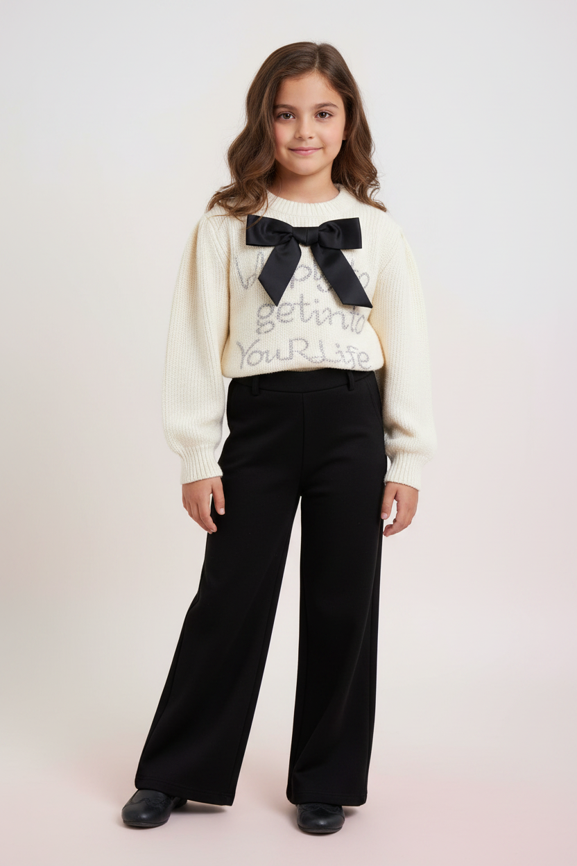 Girls Cream Bow Sweater & Black Pants Set - Front View