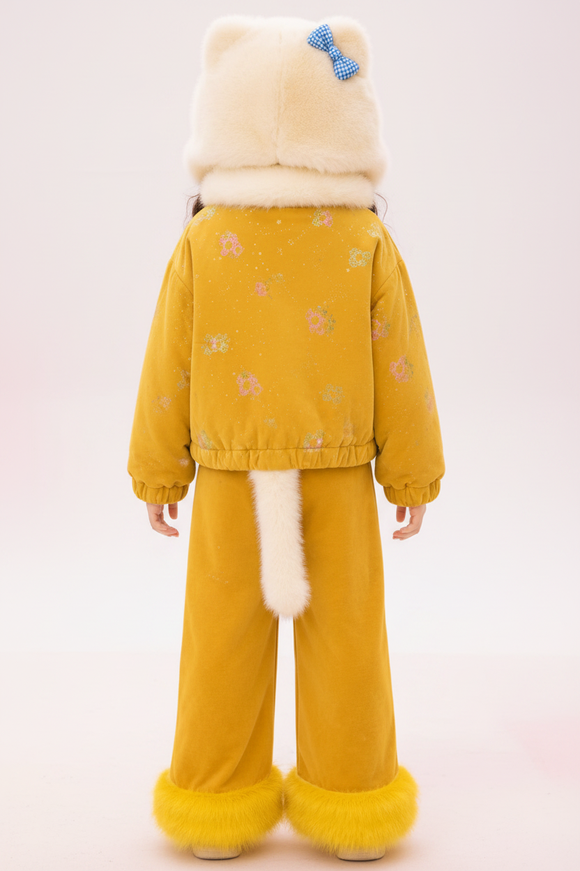 Yellow Hello Kitty Girls Velvet Winter Suit Set - Back View