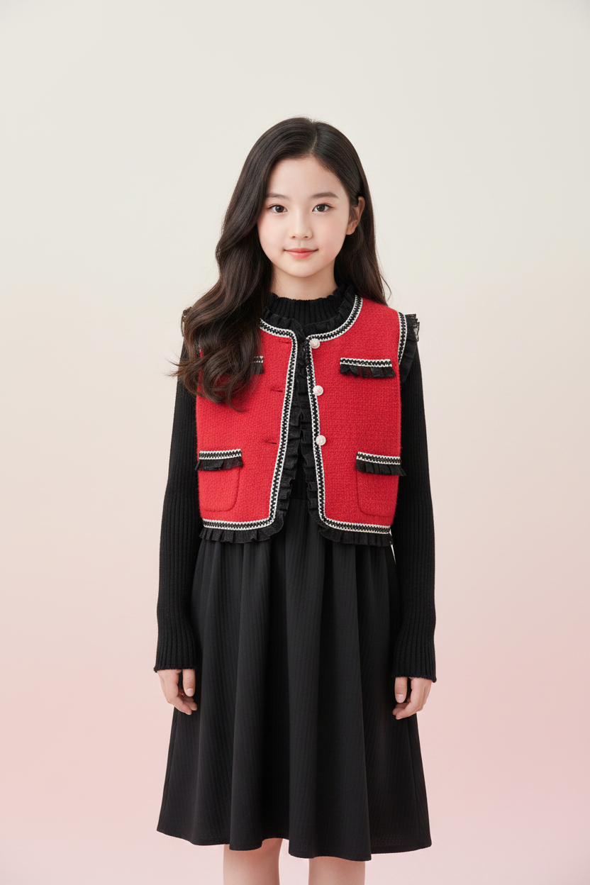 Girls Knit Dress and Vest Set - Front View