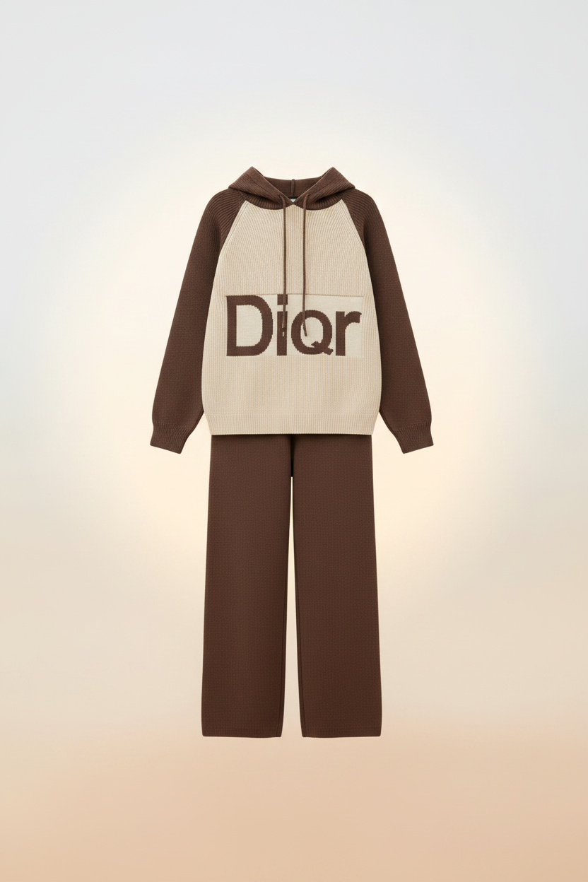 Girls Brown Knit Hoodie Set - Flat Lay
