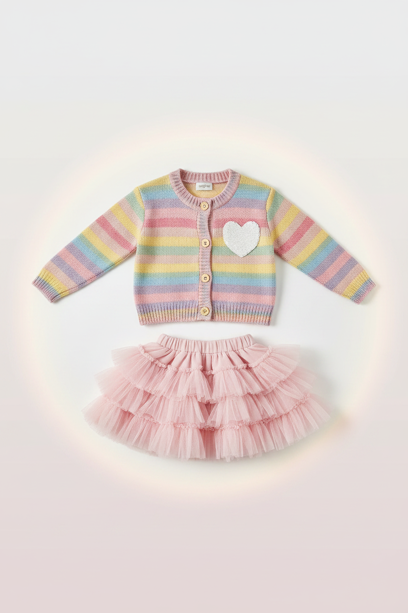 Girls Rainbow Knit & Pink Tulle Set - Flat Lay