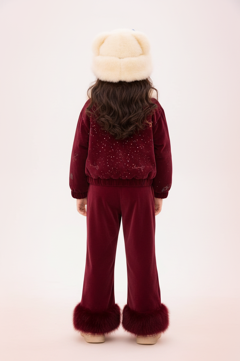 Maroon Hello Kitty Girls Velvet Winter Suit Set - Back View
