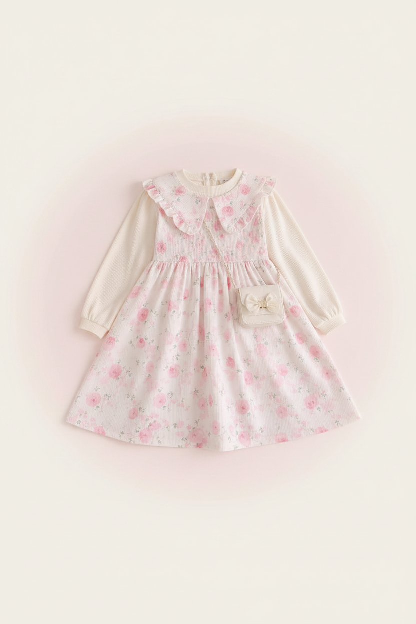 Girls Pink Floral Ruffle Collar Dress - Flat Lay