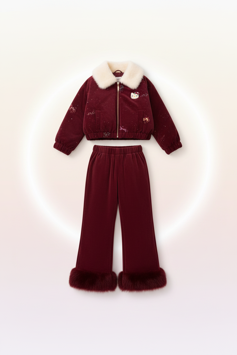 Maroon Hello Kitty Girls Velvet Winter Suit Set - Flat Lay