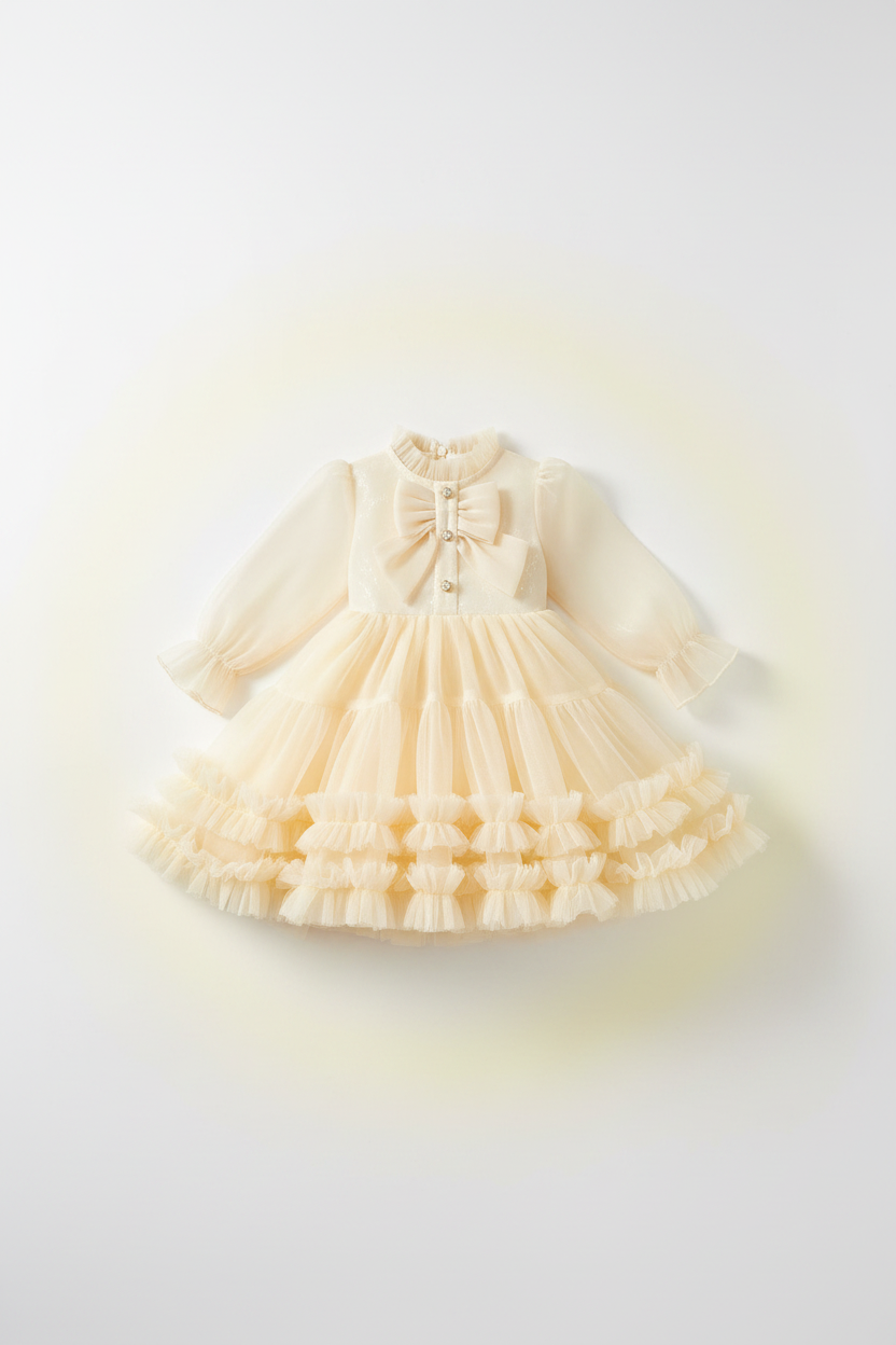 Girls Cream Yellow Layered Tulle Party Dress – Flat Lay