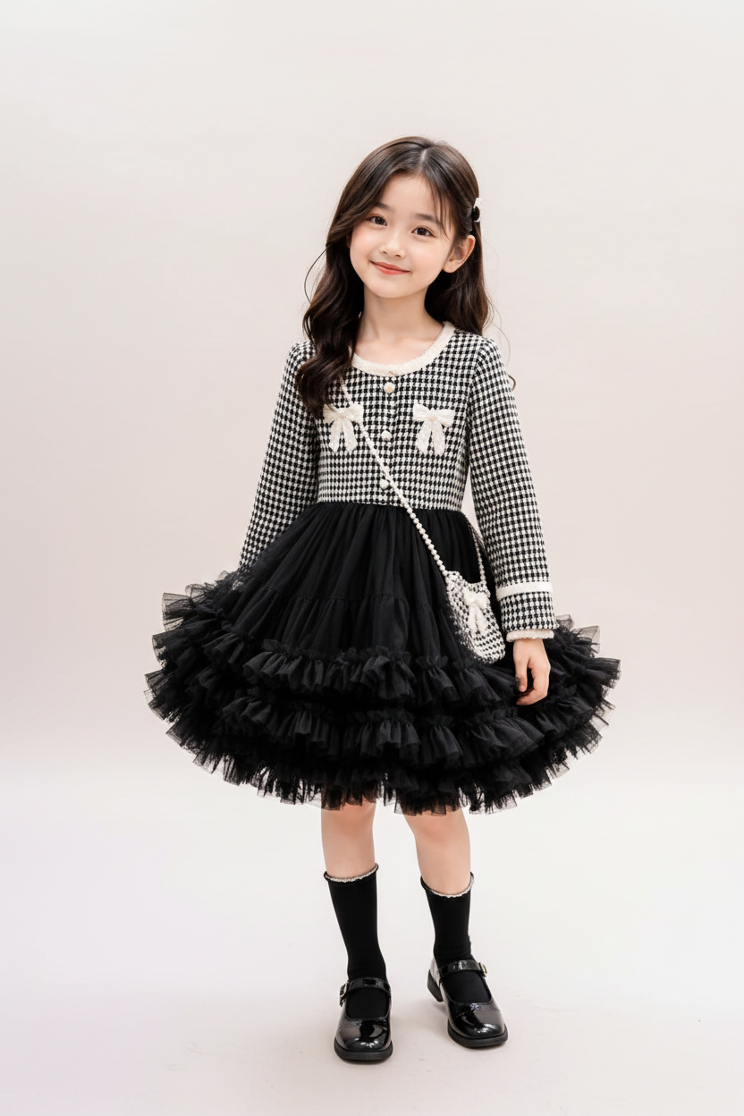 Girl in houndstooth tulle dress - pastel studio background