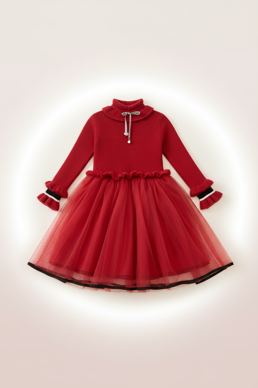 Girls Red Knit Tulle Dress - Flat Lay