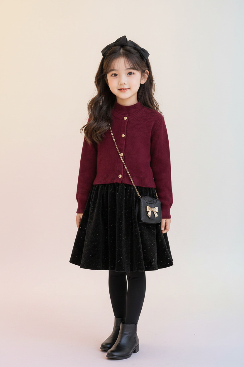 Girls glitter frock with maroon cardigan - front view