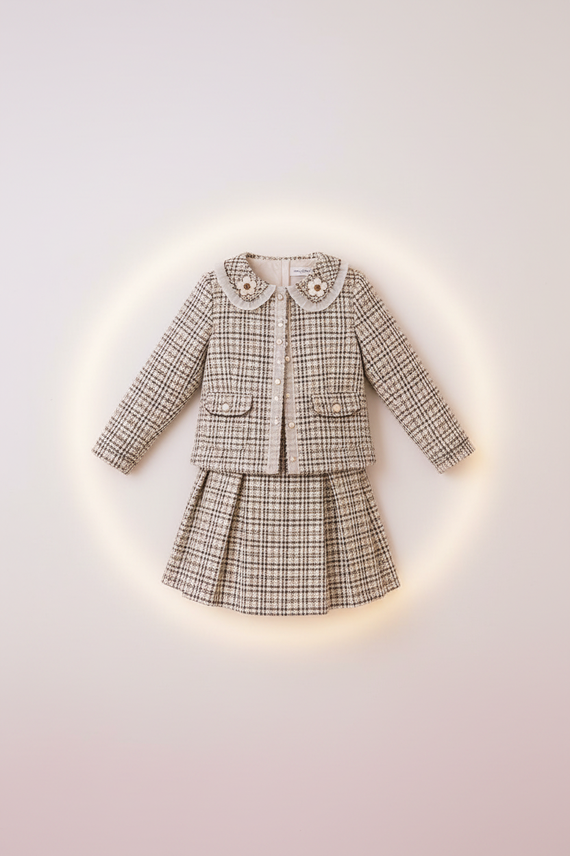 Girls Imported Tweed Coat Frock Set Flat Lay - TinkyTots
