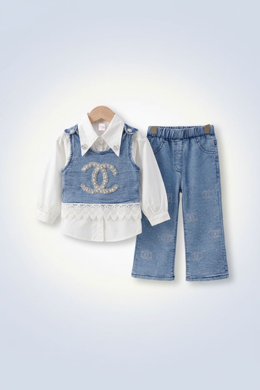 Girls Denim CC 3-Piece Suit - Flat Lay 2