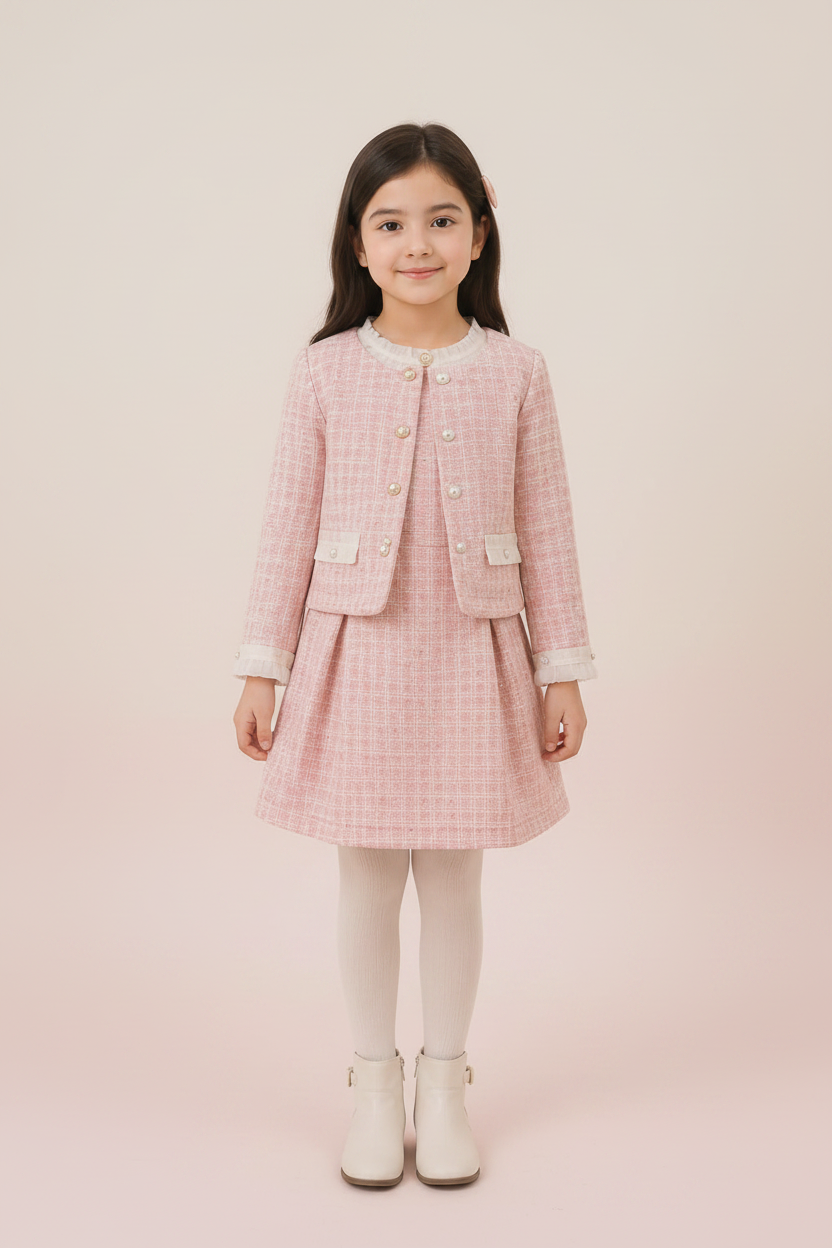 Blush Petal Tweed Coat Frock Set Front - TinkyTots