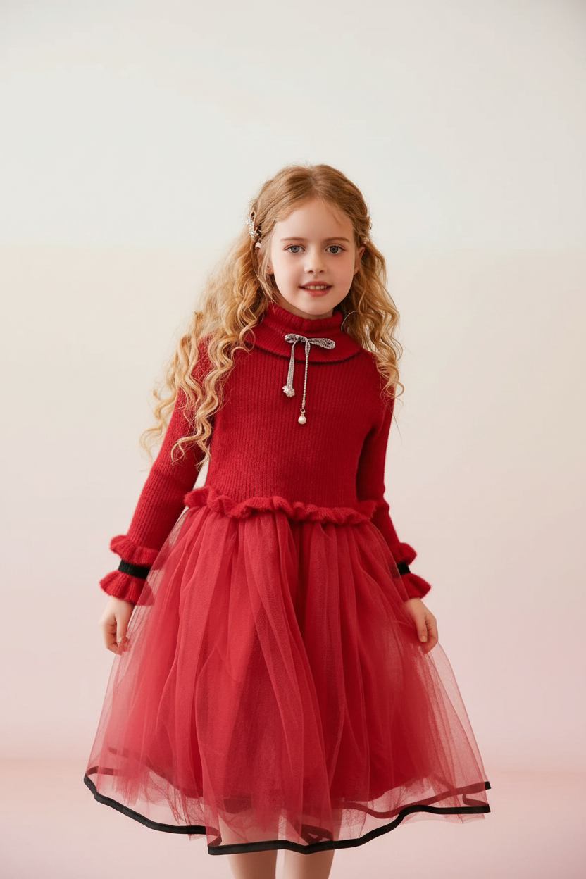 Girls Red Knit Tulle Dress - Front View