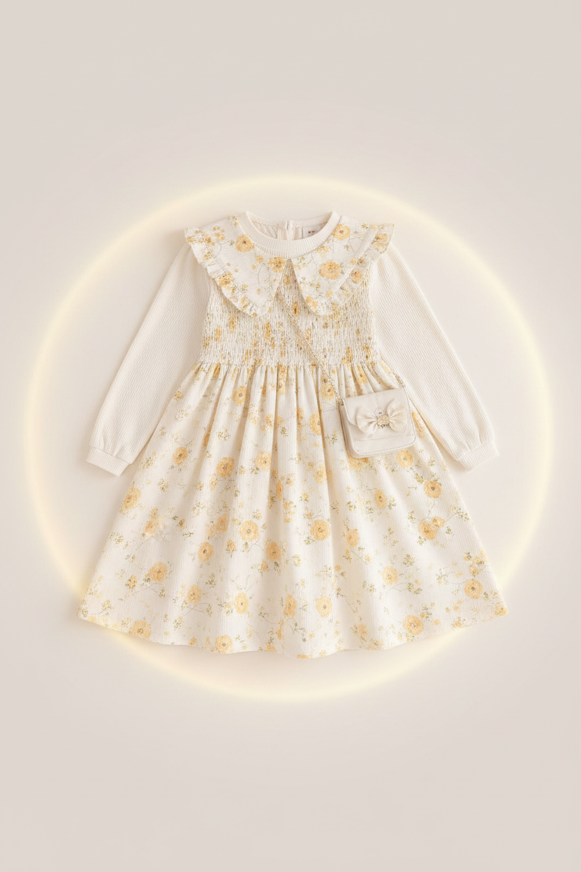 Girls Yellow Floral Ruffle Collar Dress - Flat Lay