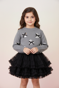 Girls Sequin Bow Knit & Tulle Dress – Front View with Model