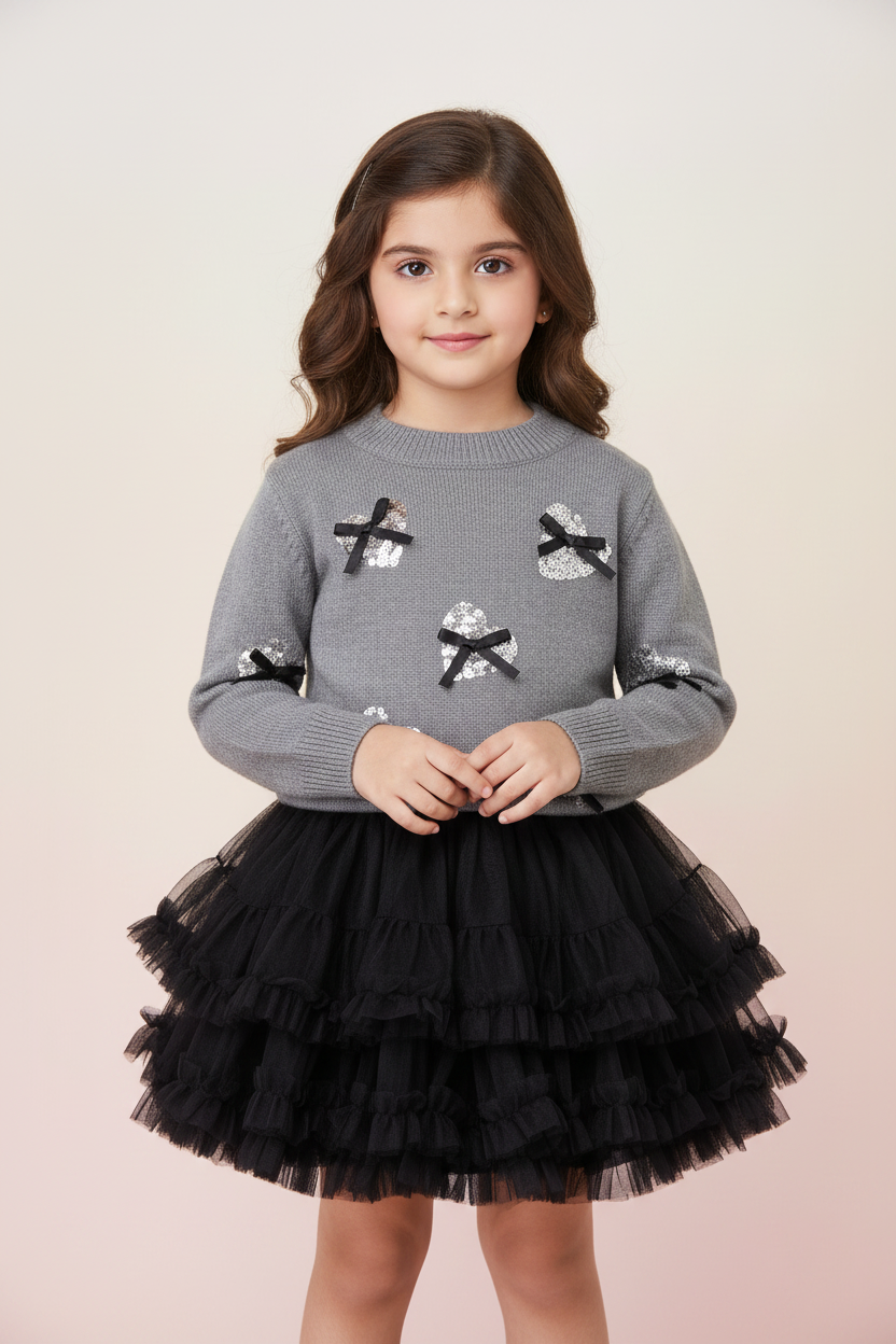 Girls Sequin Bow Knit & Tulle Dress – Front View with Model