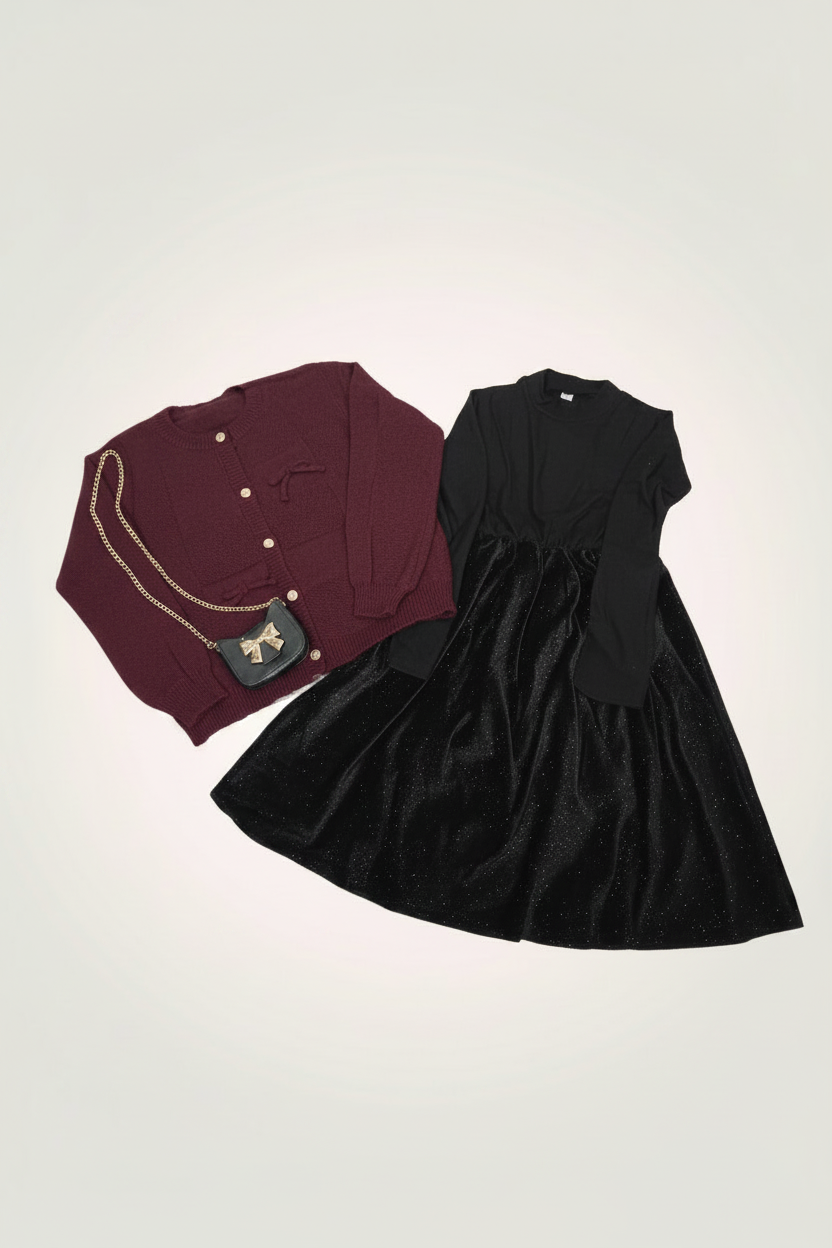 Girls glitter frock with maroon cardigan - flat lay