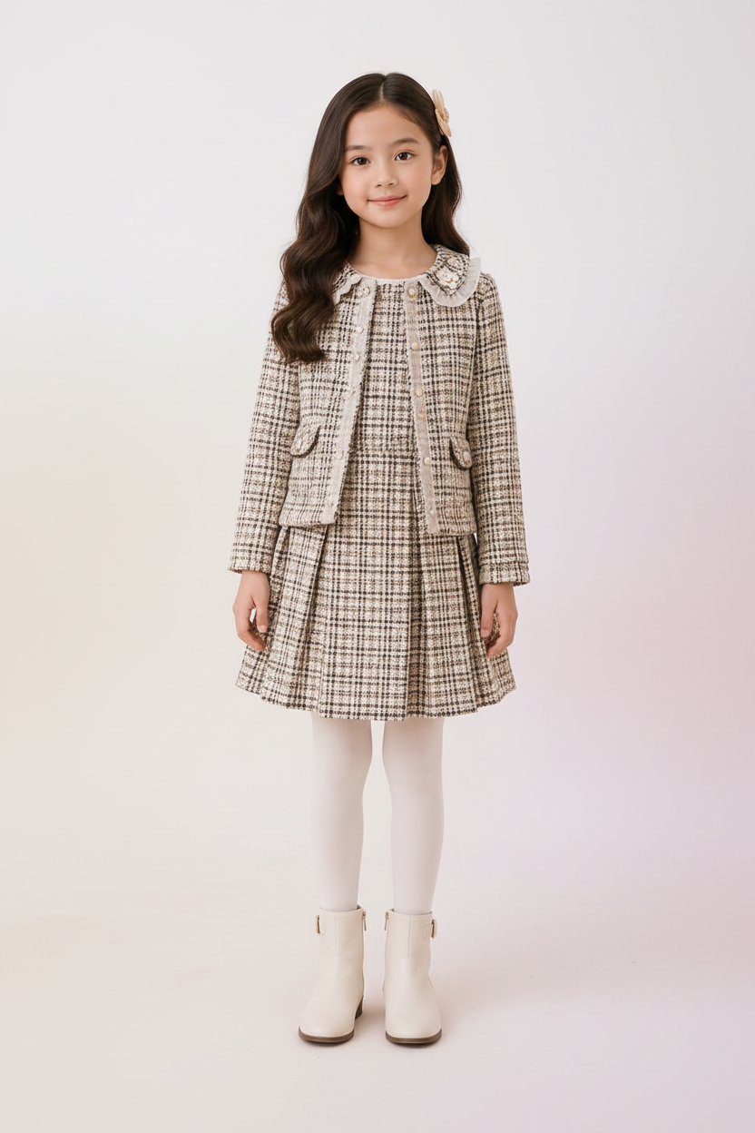 Girls Imported Tweed Coat Frock Set Front - TinkyTots