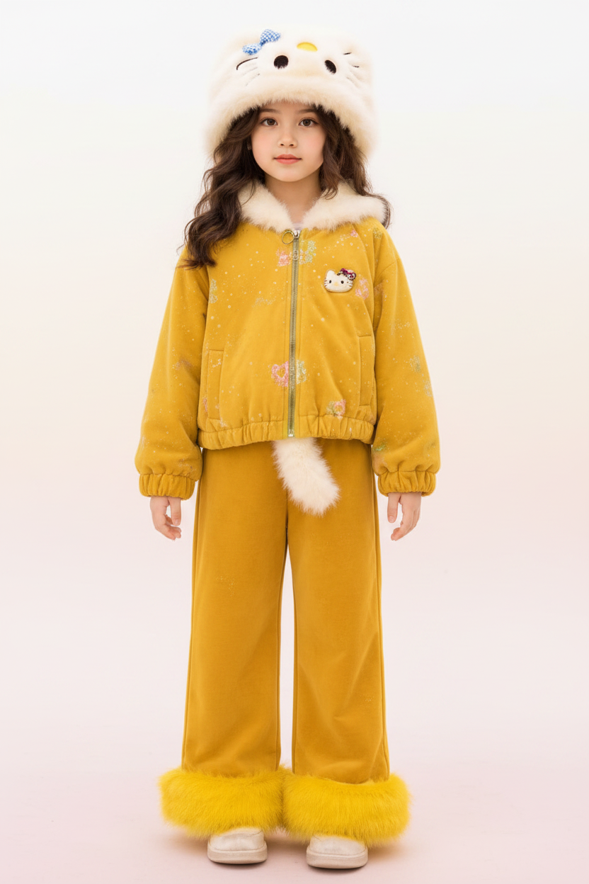 Yellow Hello Kitty Girls Velvet Winter Suit Set - Front View