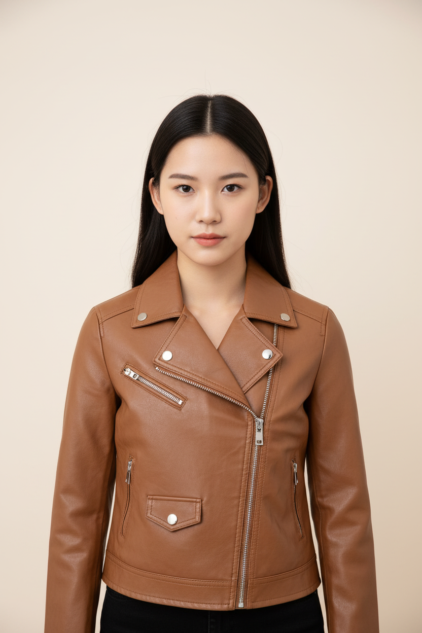 Caramel Brown Teen Biker Jacket - Front View