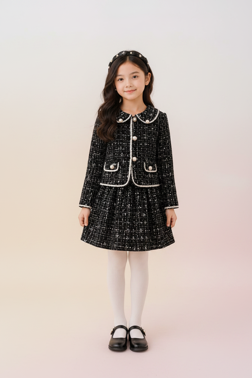 Girls Black Tweed Coat Frock Set Front - TinkyTots