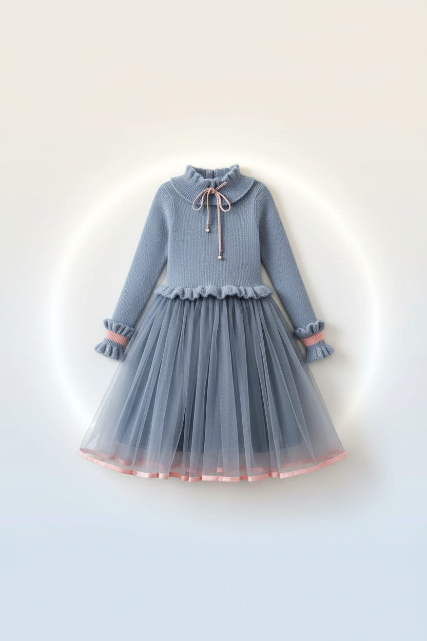 Girls Blue Knit Tulle Dress - Flat Lay