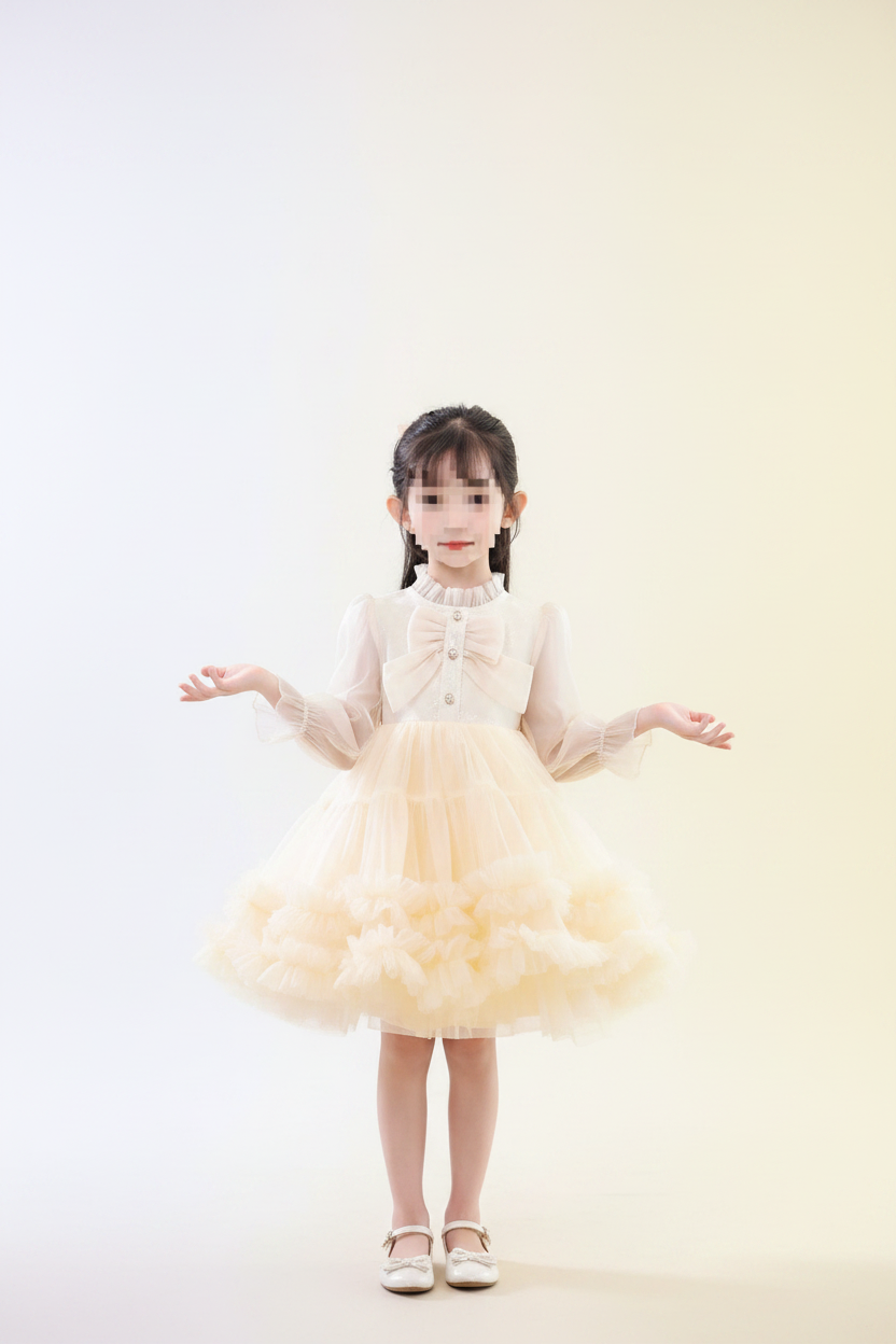 Girls Cream Yellow Layered Tulle Party Dress – Front View