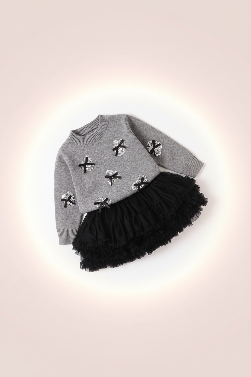 Girls Sequin Bow Knit & Tulle Dress – Flat Lay