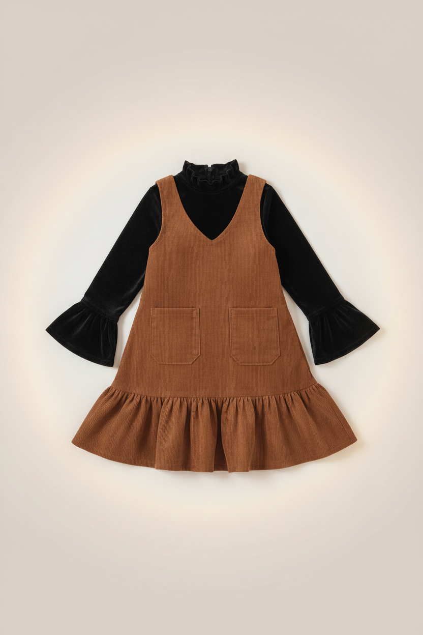 Girls Corduroy Pinafore & Velvet Top Set - Flat Lay