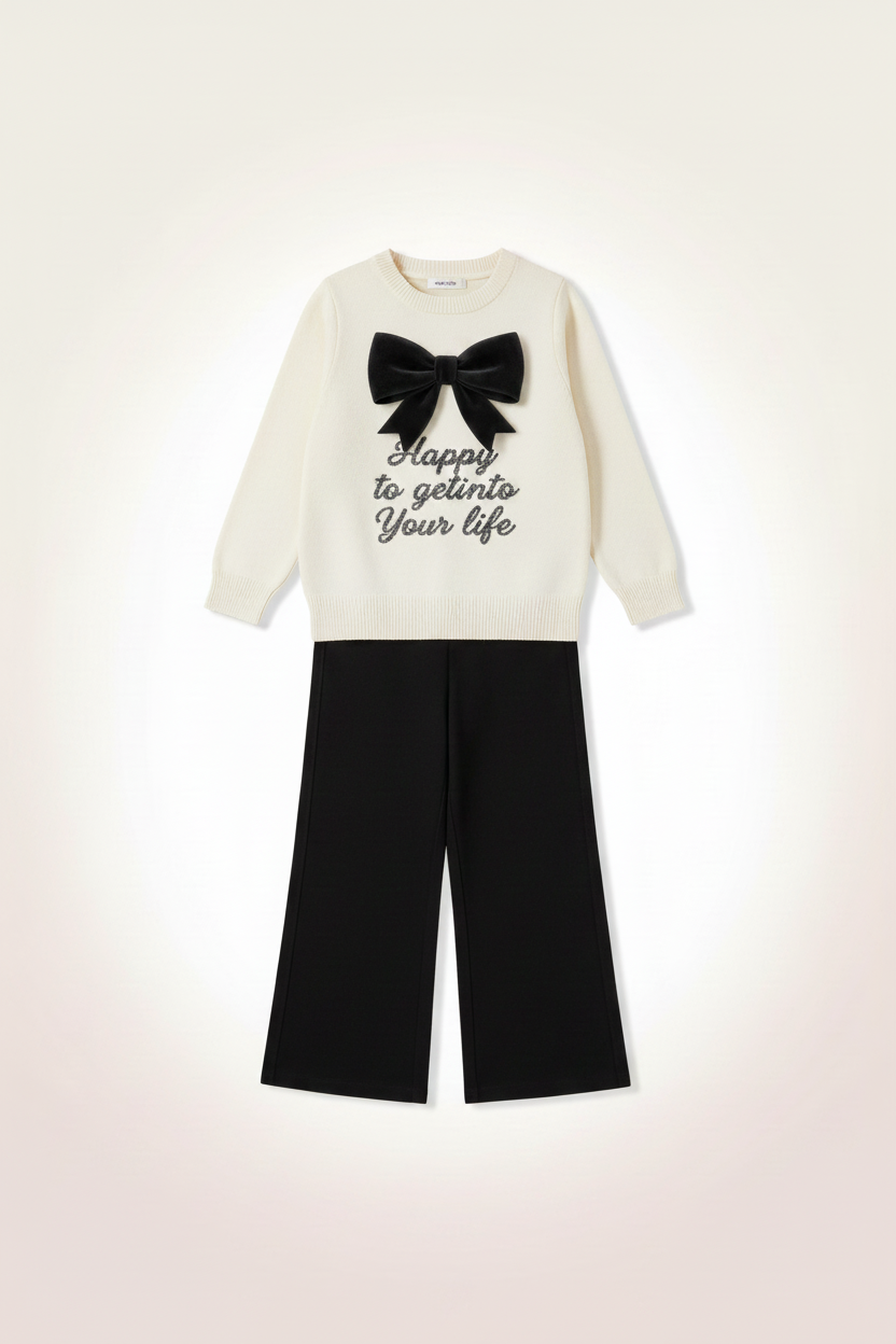 Girls Cream Bow Sweater & Black Pants Set - Flat Lay
