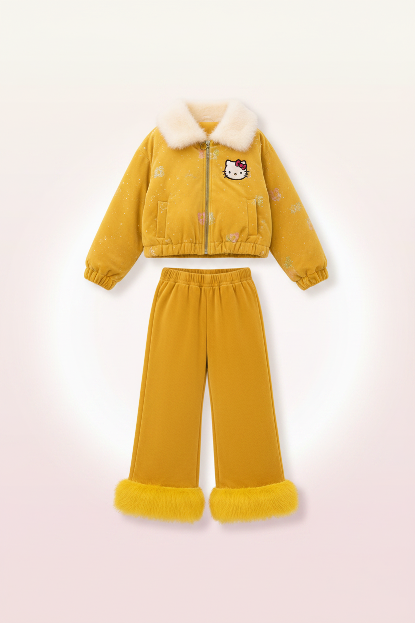 Yellow Hello Kitty Girls Velvet Winter Suit Set - Flat Lay