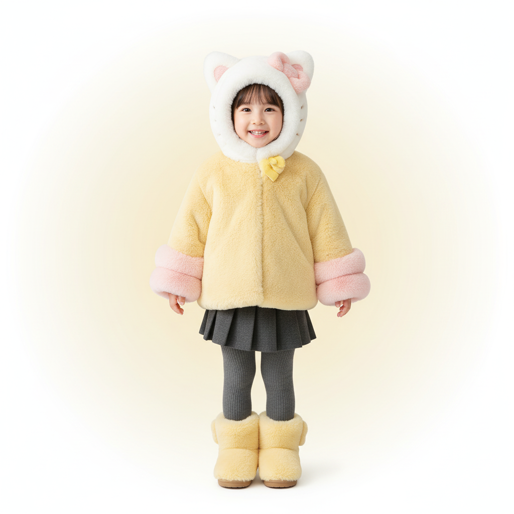 Girl in yellow KT cat coat - studio pastel background