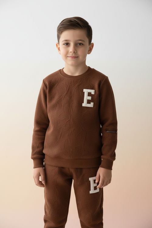Boys E Sweatshirt & Jogger Set Brown - Front View