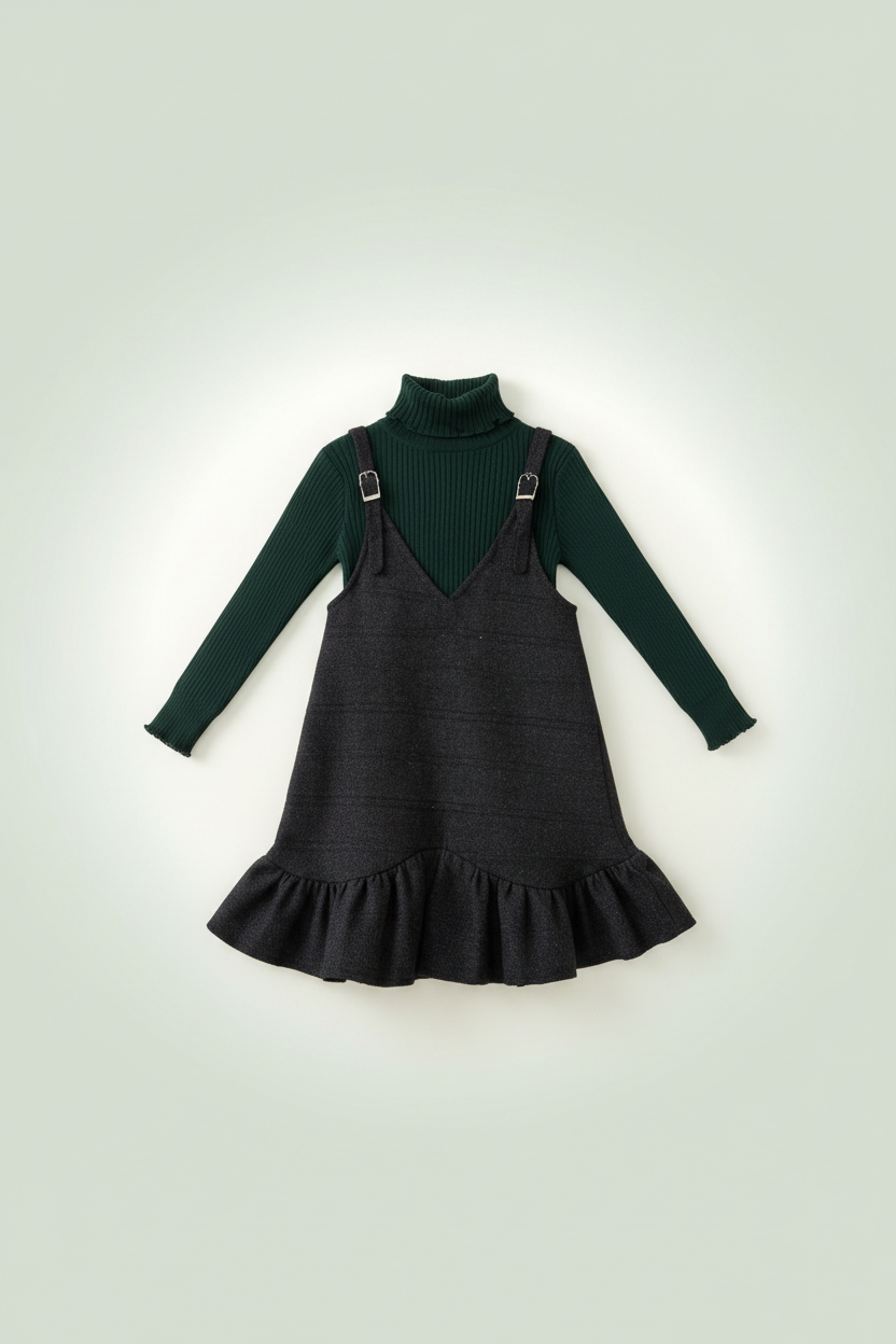 Girls Green Turtleneck & Black Pinafore Set - Flat Lay