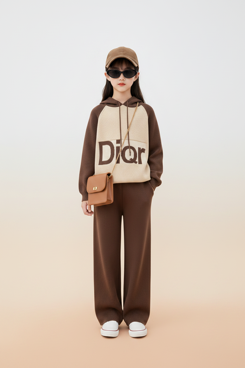 Girls Brown Knit Hoodie Set - Front View