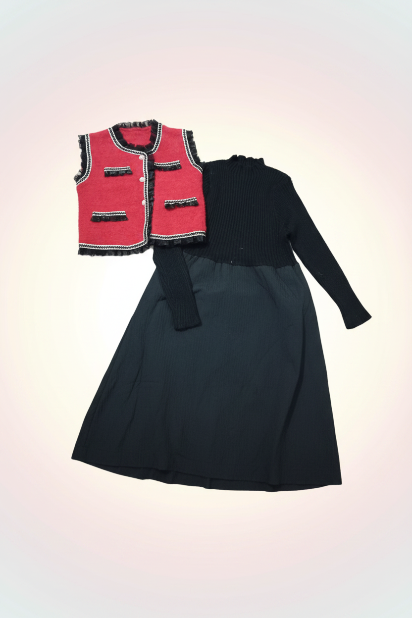 Girls Knit Dress and Vest Set - Flat Lay
