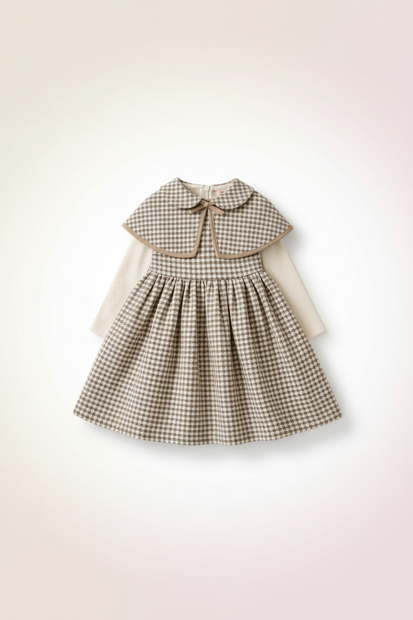 Girls houndstooth cape dress set - flat lay