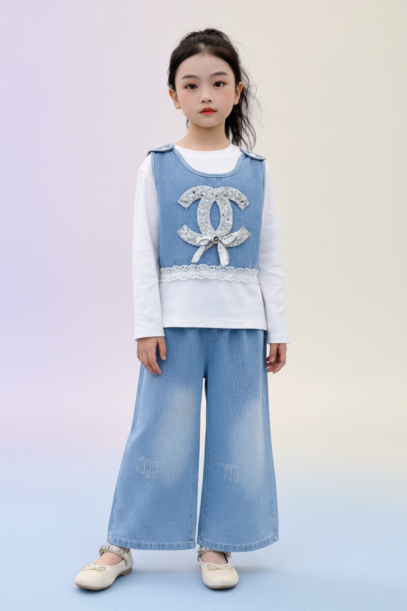 Girls Denim CC 3-Piece Suit - Front View