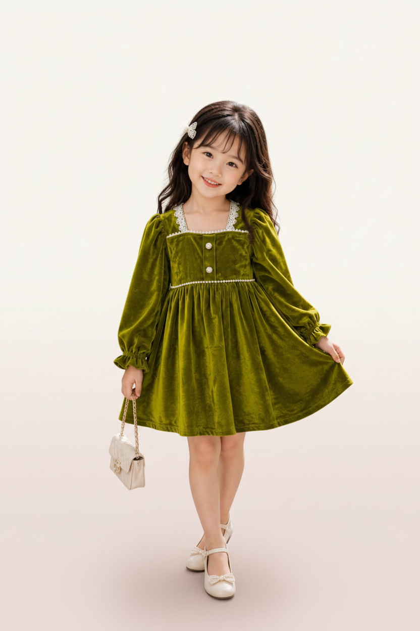 Girls Olive Green Velvet Dress - Front View
