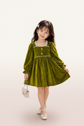Girls Olive Green Velvet Dress - Front View