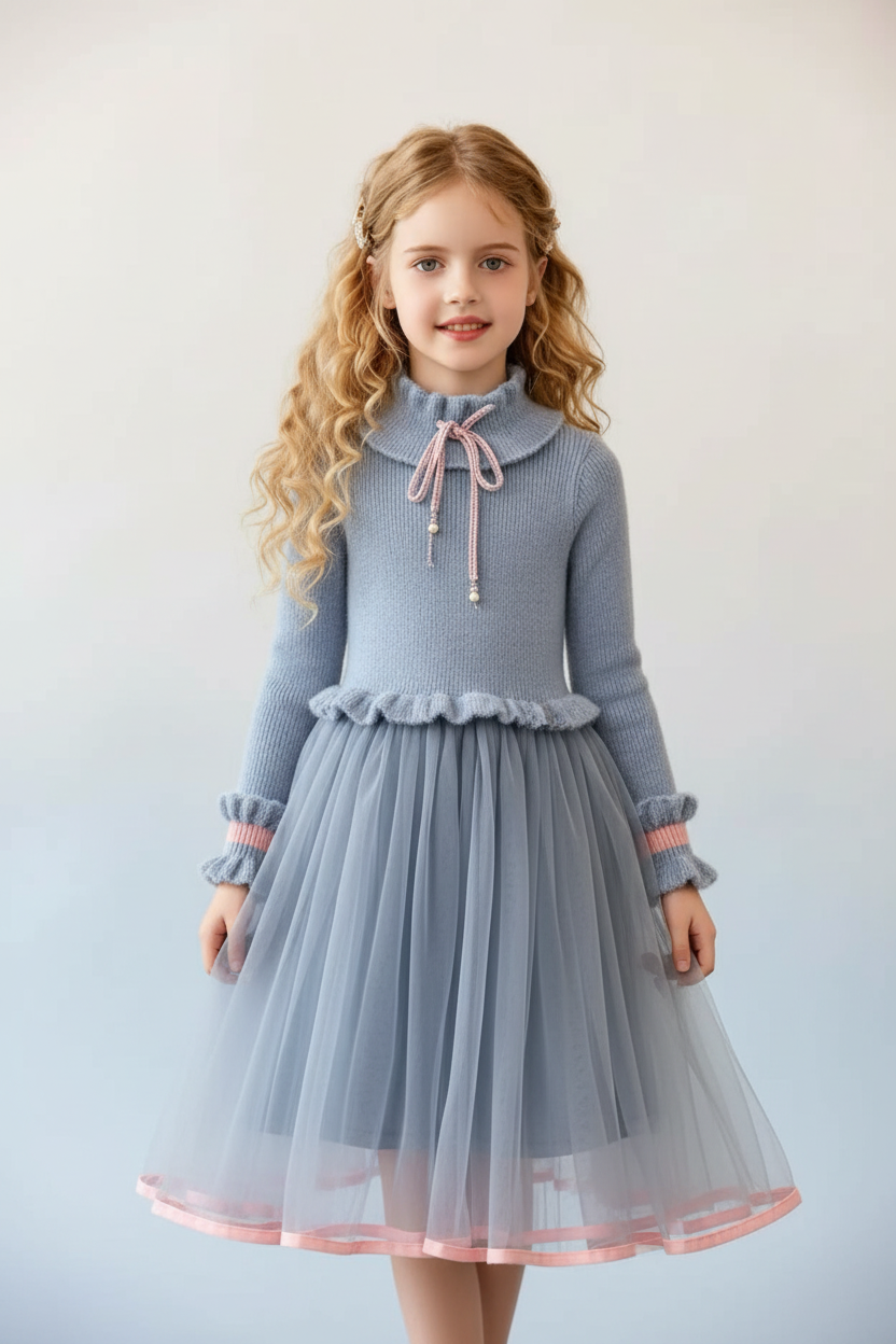 Girls Blue Knit Tulle Dress - Front View