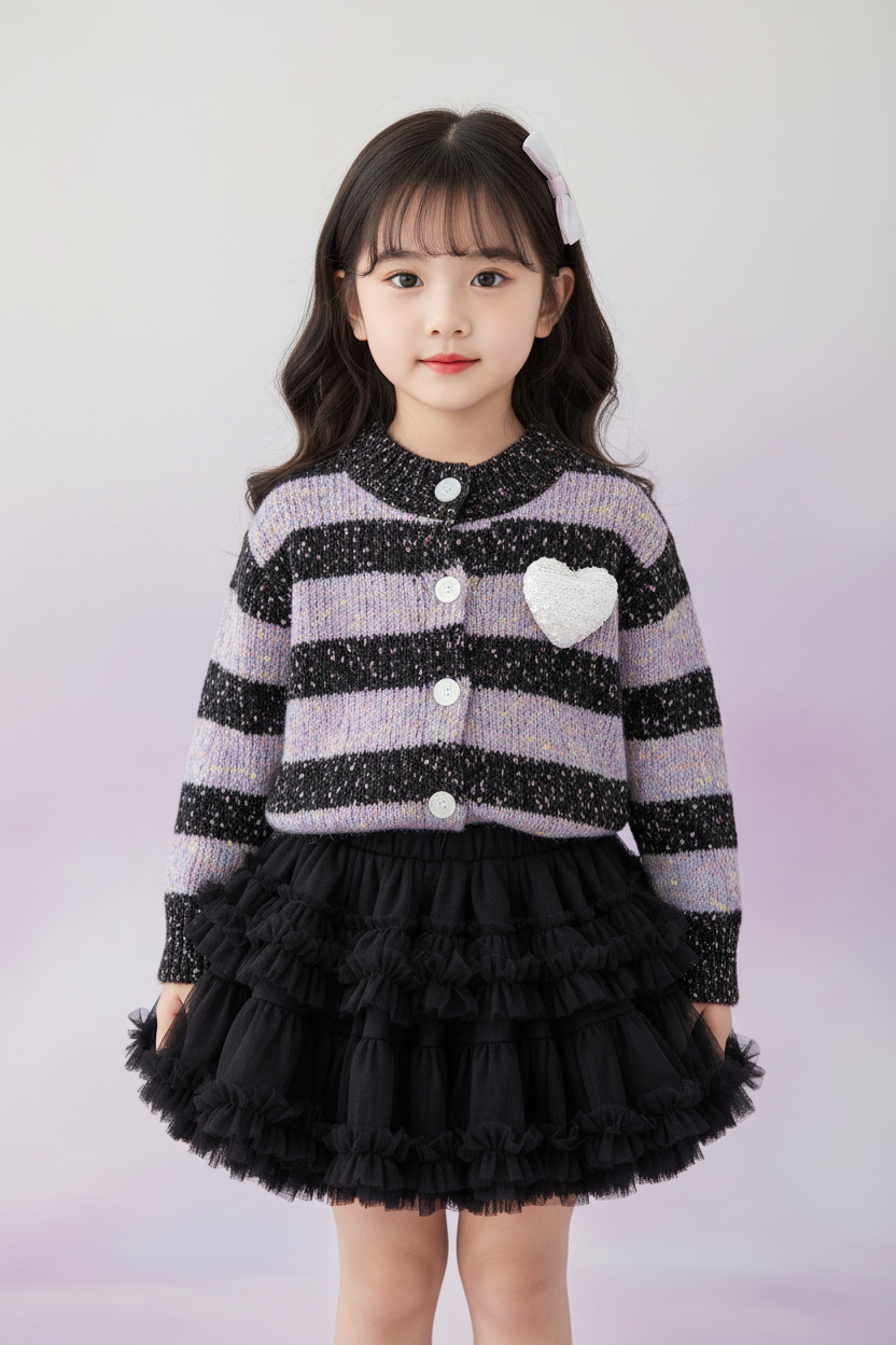 Girls Black Striped Knit & Black Tulle Set - Front View