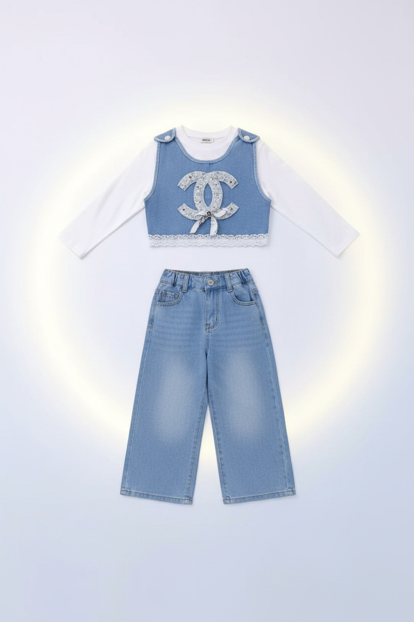Girls Denim CC 3-Piece Suit - Flat Lay